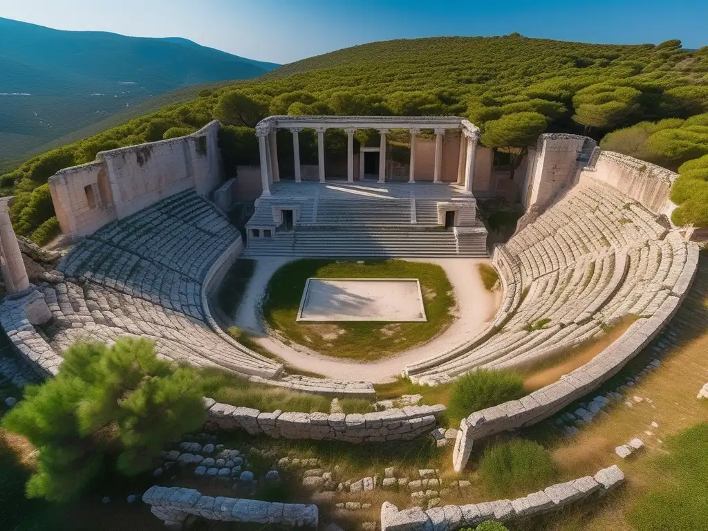 Historia del santuario de Asclepio en Epidauro: belleza abandonada, ruinas y naturaleza en contraste, figura solitaria, luz dorada al atardecer