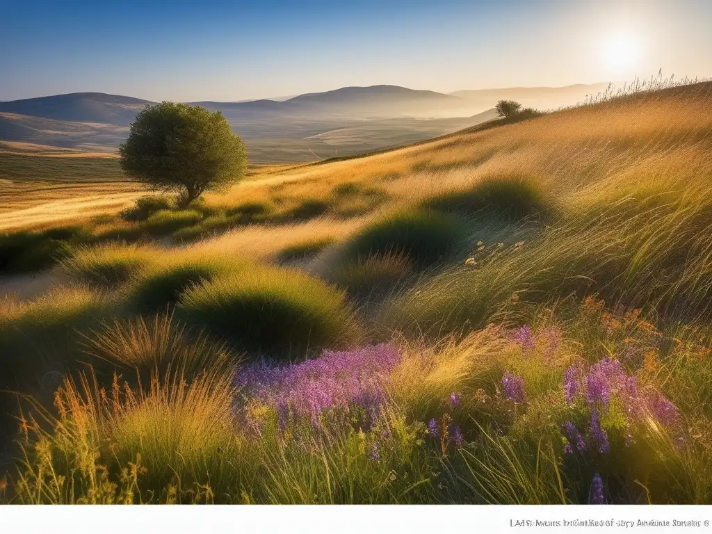 Abejas sagradas de Artemisa en Grecia: Paisaje griego con pradera soleada, flores silvestres y árbol de olivo sagrado con colmenas y abejas