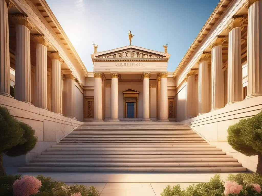 Importancia educación hogar griego - 8K imagen detallada muestra tranquilo patio antigua Grecia, luz dorada cálida