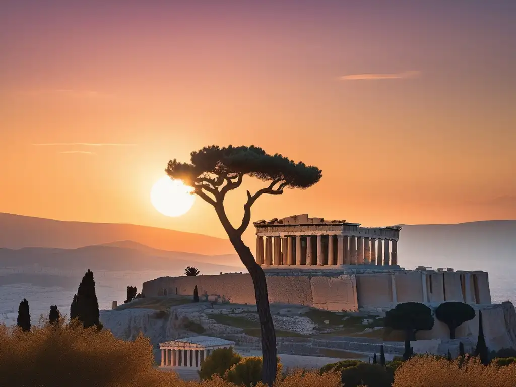 Paisaje griego al atardecer con ruinas antiguas y el Parthenon - Historia de amor en Grecia Antigua