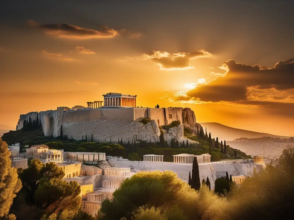 Influencia cultural de la Antigua Grecia en Occidente: Acropolis de Atenas al atardecer, majestuoso y sereno