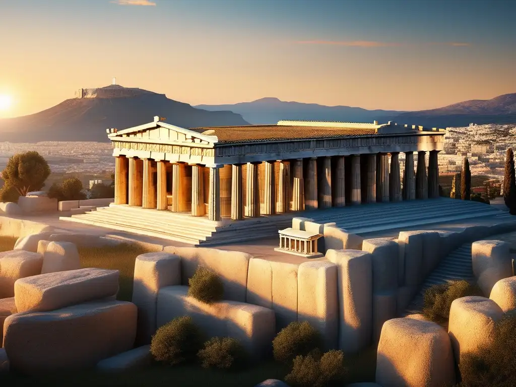 Influencia Guerras Médicas en Grecia: Acropolis majestuosa al atardecer, ciudad griega antigua y activa, cultura y arquitectura