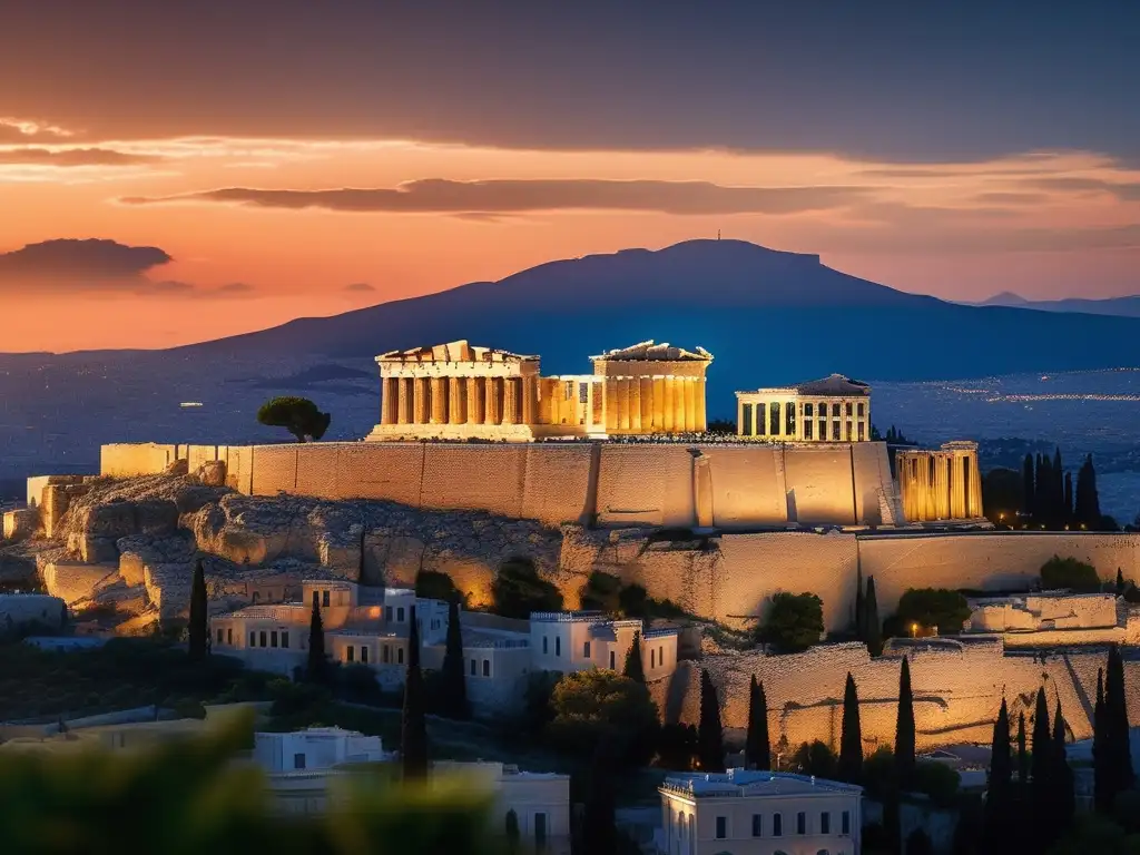 Historia y arquitectura de la Acrópolis de Atenas al atardecer