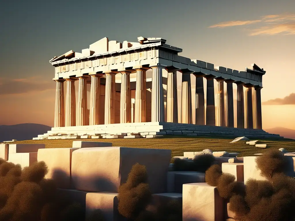 Acropolis de Atenas al atardecer, Parthenon y ruinas antiguas, influencia de la mitología griega