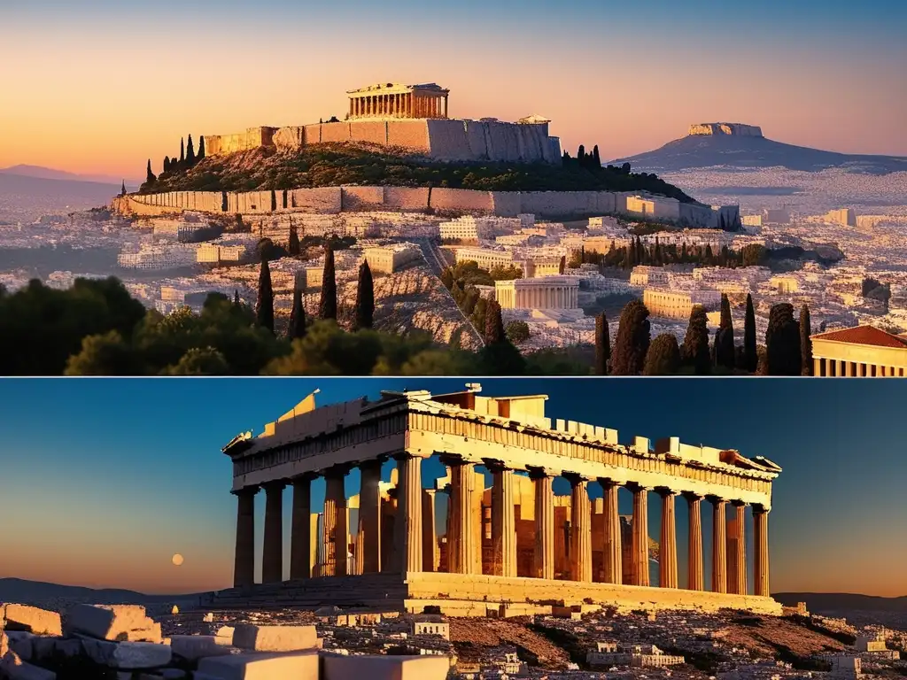 Influencia romana en Grecia: Acropolis al atardecer, majestuosa y detallada (110 caracteres)