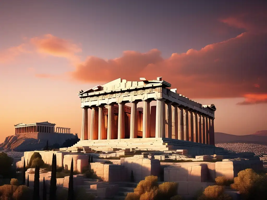 Importancia de Pericles en Atenas: Acropolis al atardecer, con el majestuoso Partenón y paisaje antiguo