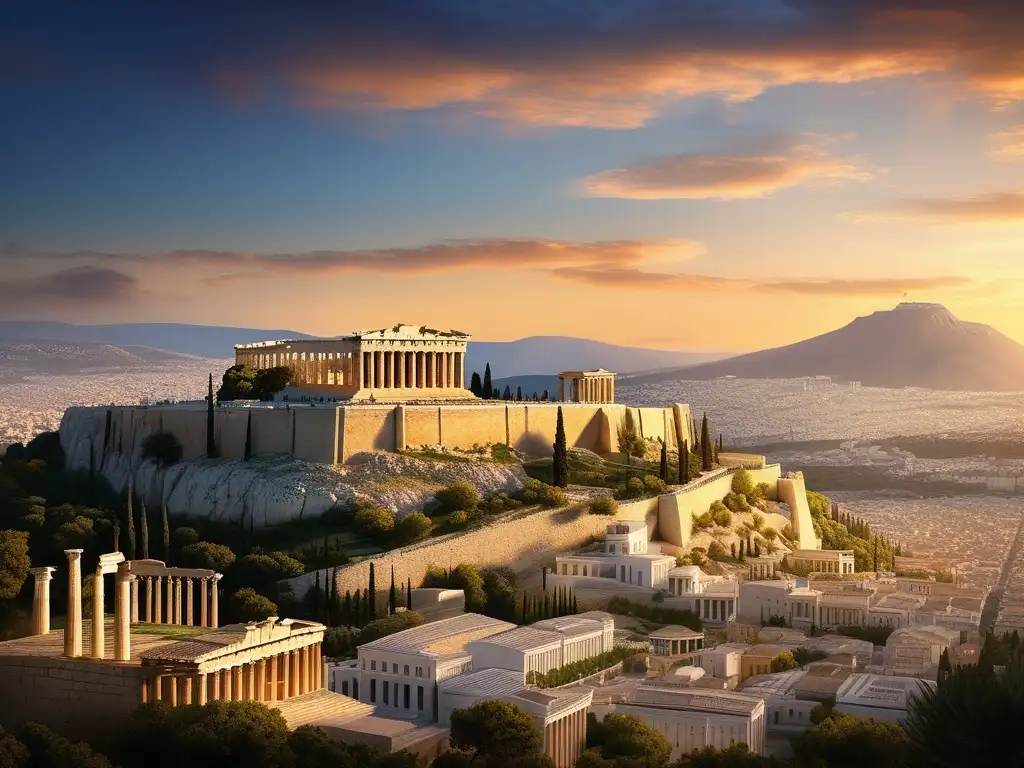 Influencia de la Antigua Grecia en Roma: Atardecer glorioso en la ciudad antigua de Atenas, con la Acrópolis y el Parthenon en primer plano