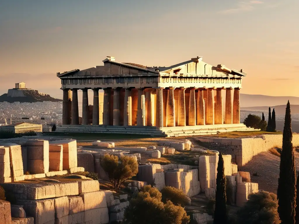 Imagen 8k de la Acrópolis en Atenas, Grecia, al atardecer