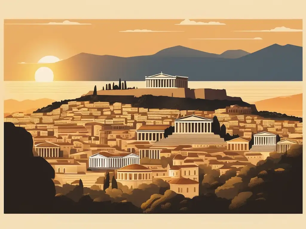 Paisaje sereno de Atenas con la Acropolis, ilustración de leyes de propiedad en Grecia antigua