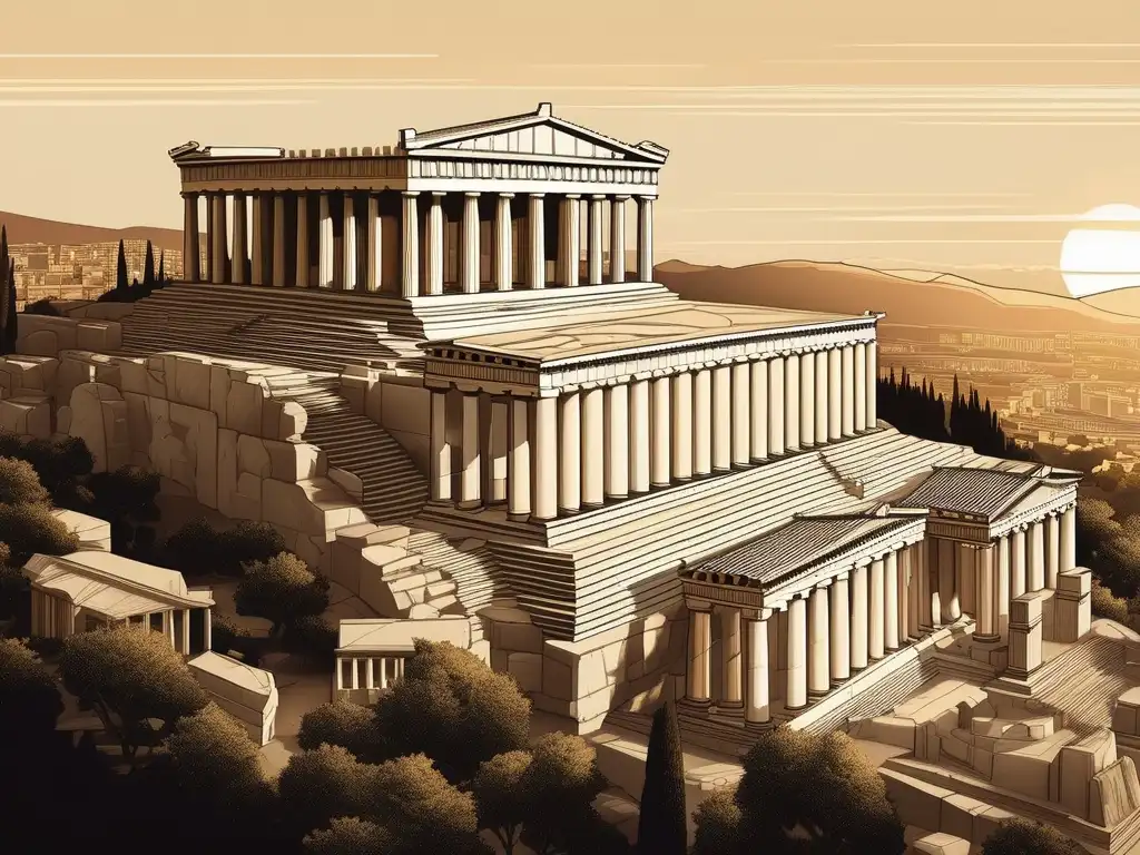 Influencia de Grecia en democracia moderna: Acropolis majestuosa, Parthenon dorado, detalles arquitectónicos excepcionales