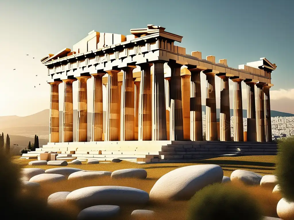 Acropolis en Atenas, Grecia: Ruinas del Parthenon, columnas doricas, paisaje verde con el mar Aegeo