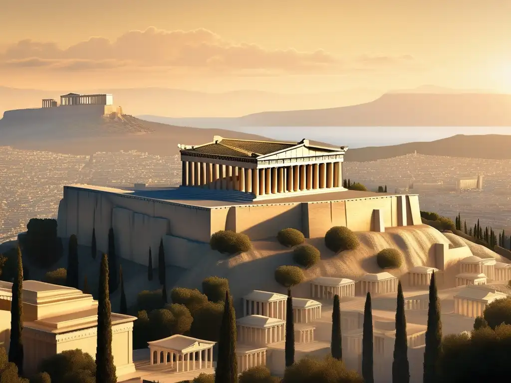 Influencia de dioses en democracia griega: Acropolis de Atenas con el Parthenon, ciudadanos en ritual religioso