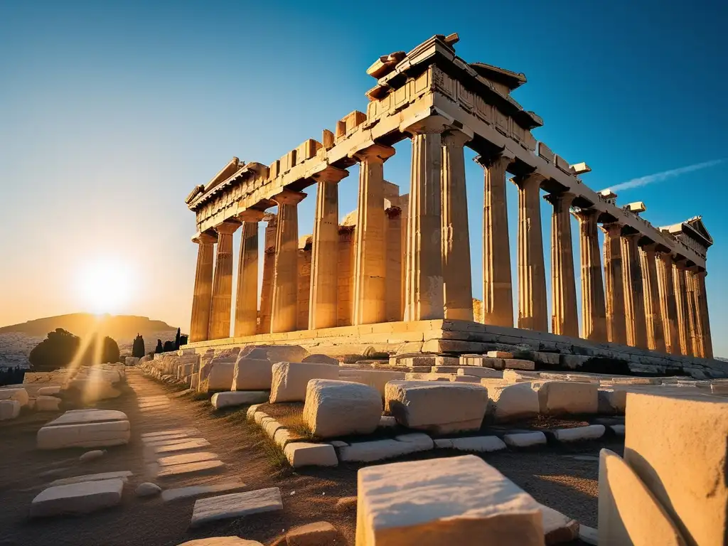 Descubriendo el Periodo Arcaico Griego: Acropolis de Atenas, Parthenon, ruinas antiguas, columnas y cielo azul