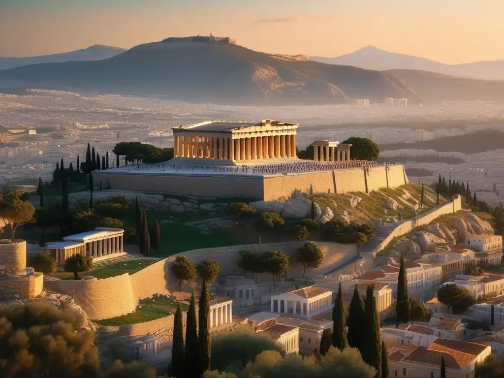 Retórica en la Antigua Grecia: Paisaje sereno de Atenas con el Parthenon en la Acropolis al atardecer