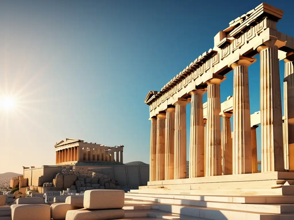 Legado leyes griegas: Atenas antigua, Parthenon, columnas majestuosas, detalles arquitectónicos, historia y grandiosidad