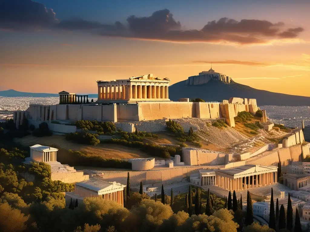 Raíces del Rhetor en Grecia: Ciudad antigua de Atenas con el majestuoso Acropolis y el icónico Parthenon al atardecer