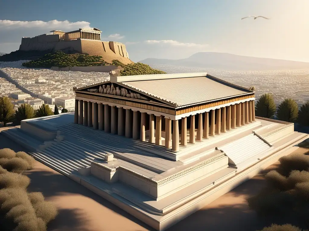 Imagen de la antigua ciudad de Atenas durante las Guerras del Peloponeso, con el majestuoso Acropolis y el icónico Parthenon en el centro