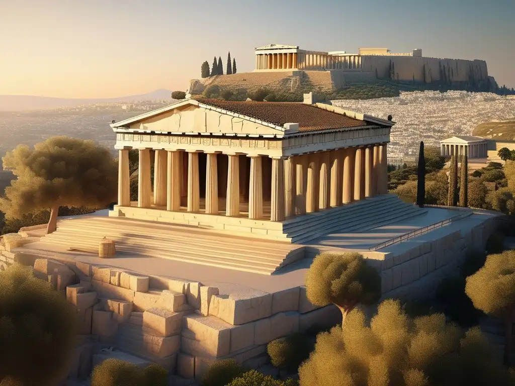 Imagen: Santuario Erecteión Acrópolis dioses Grecia, majestuosa Acropolis bañada en luz dorada con templo icónico