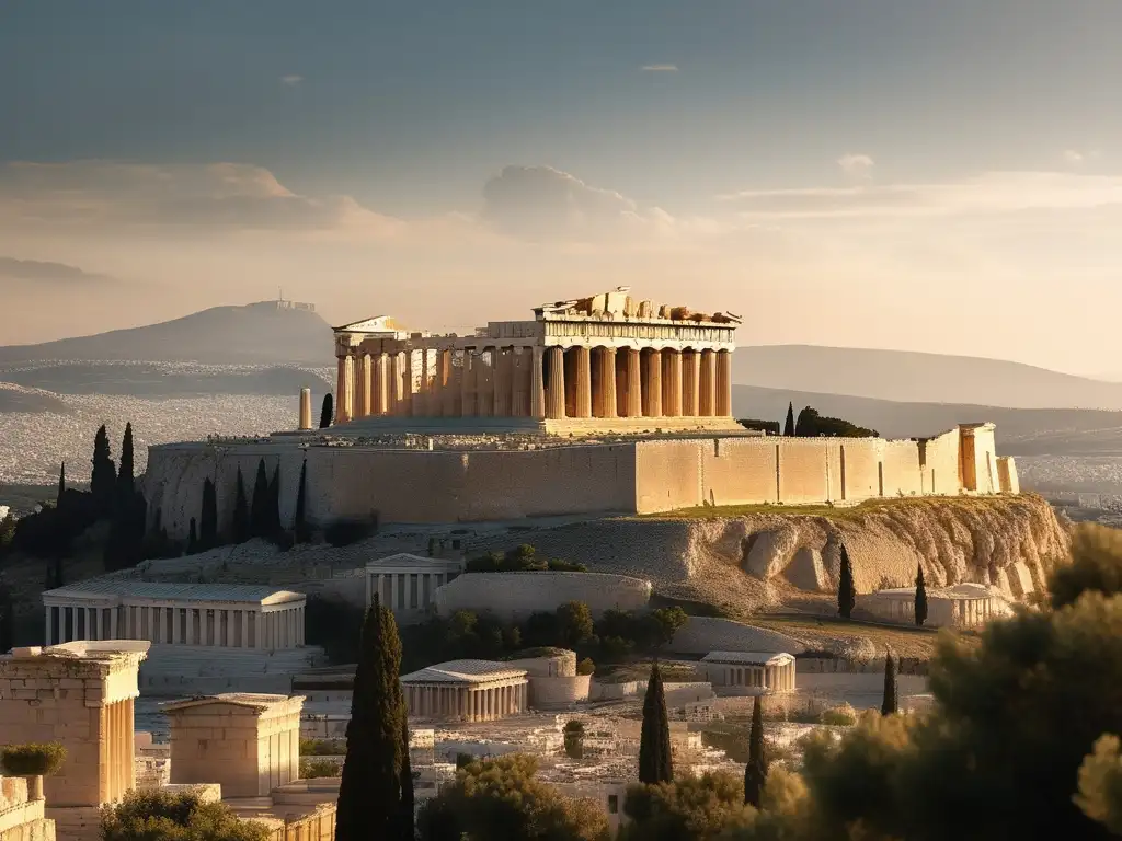 Influencia de Atenas de Pericles: Acropolis en su época dorada, Parthenon, paisaje vibrante, legado cultural