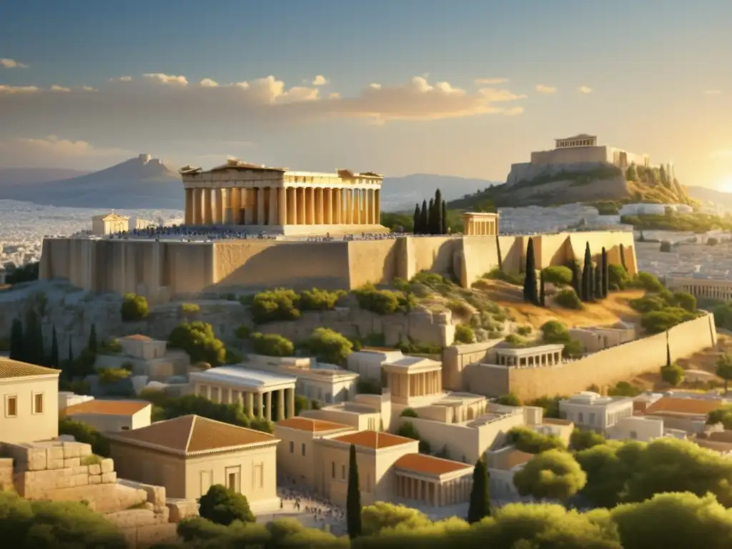 Influencia cultural de la Antigua Grecia en Occidente: Atenas, la majestuosa Acropolis en luz dorada, el Parthenon y paisaje vibrante