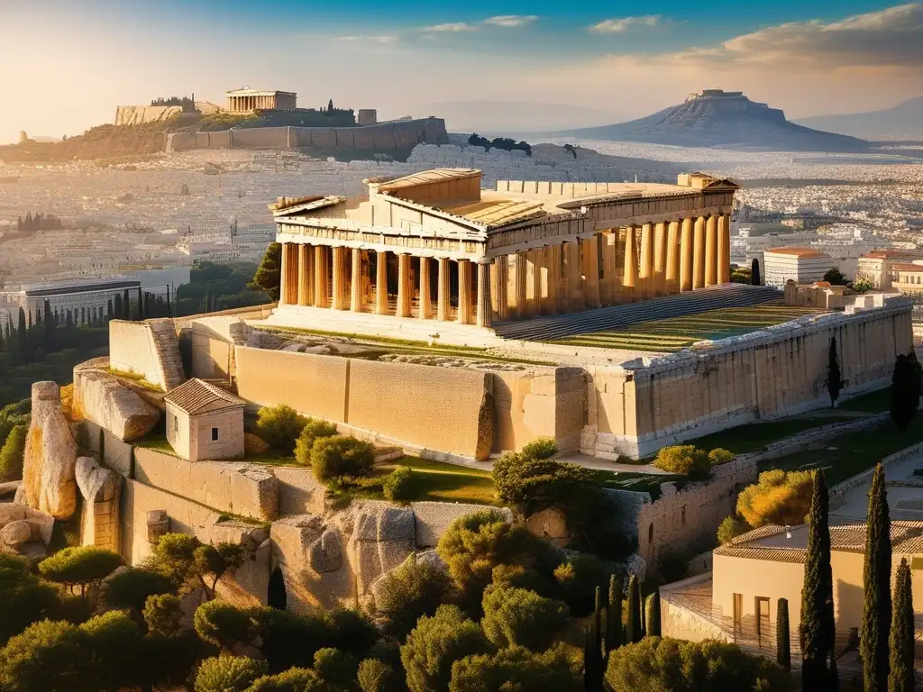 Descubriendo la antigua Grecia con Heródoto: vista impresionante de la Acrópolis en Atenas, con el majestuoso Partenón y paisaje verde