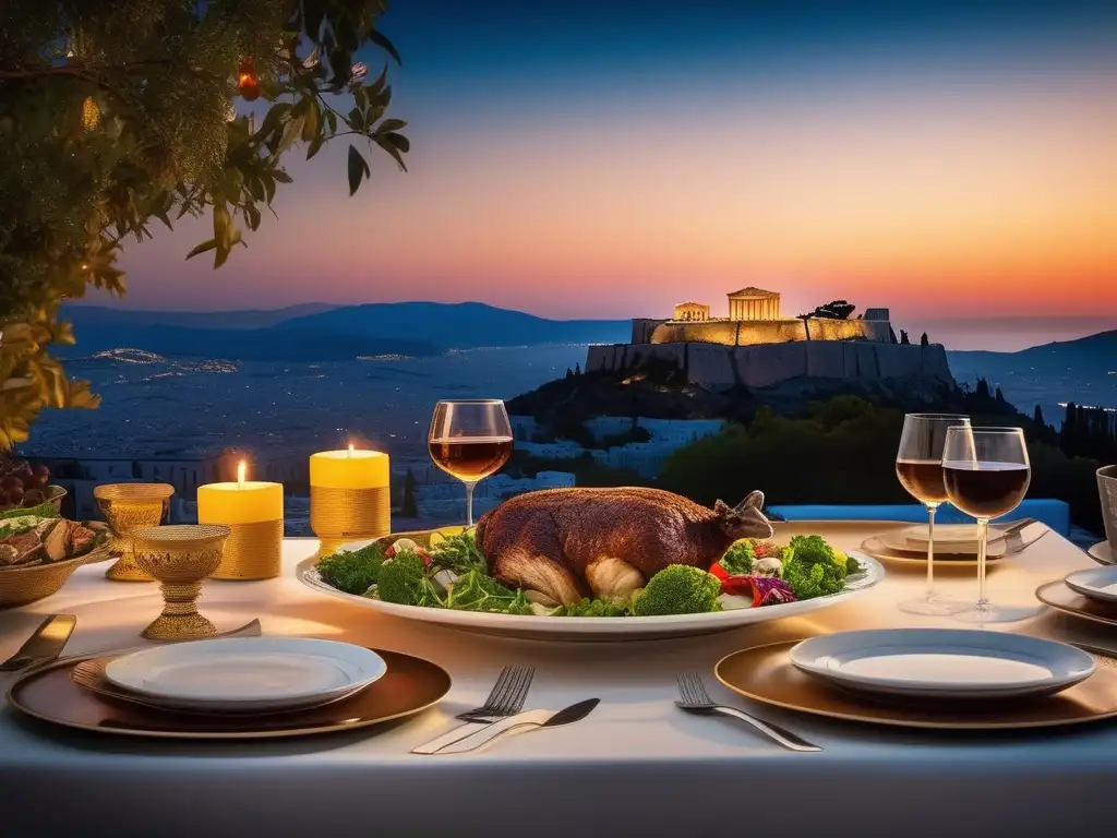 Secretos culinarios Acrópolis fiestas grandes: Mesa festiva con platos griegos tradicionales y la majestuosa Acropolis al fondo