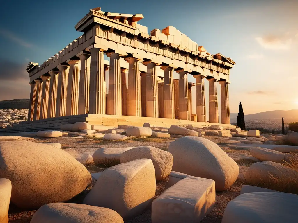 Impacto de la Paideia en la educación griega: Ruinas de la Acropolis en Atenas, Grecia, con el majestuoso Parthenon al atardecer