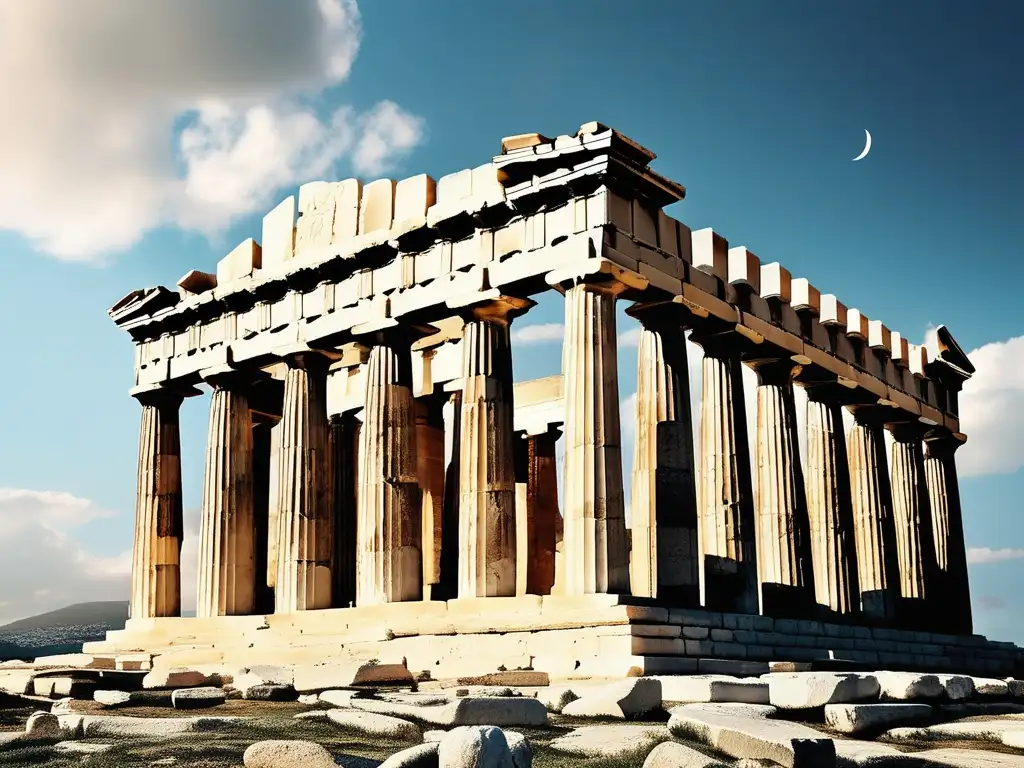 Influencia filosofía helenística en política: Imagen de la majestuosa Acrópolis de Atenas, con el icónico Partenón y detalles arquitectónicos, evocando la conexión cultural y histórica con la democracia griega