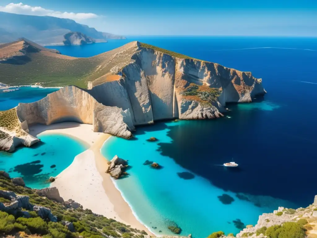 Influencia de Creta en la guerra minoica: paisaje marino impresionante y ruinas antiguas, reflejando historia y recursos valiosos