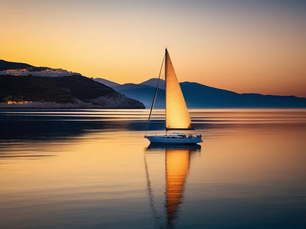 Imagen impresionante del mar Egeo al atardecer con velero y comercio marítimo expansión Grecia