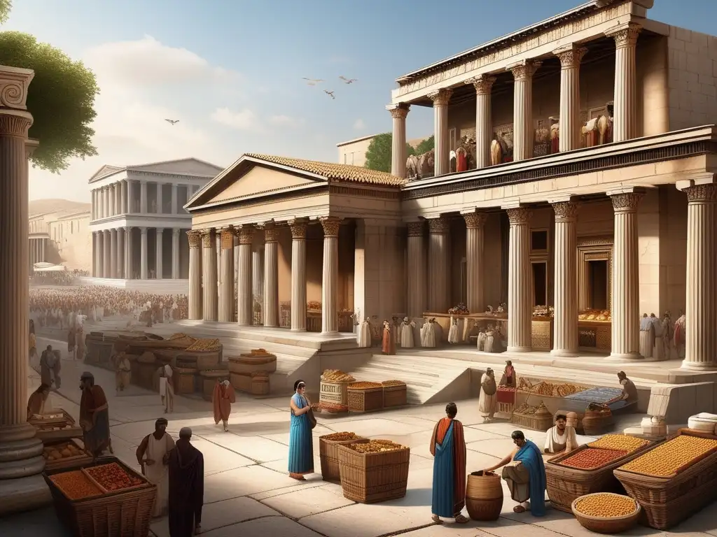 Importancia del Agora de Atenas en la Antigua Grecia: bullicioso mercado, arquitectura grandiosa y el icónico Parthenon en la distancia