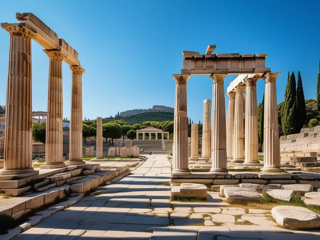 Fotorealista imagen minimalista del Agora de Atenas, destacando ruinas, el Templo de Hefesto, la Stoa de Átalo y el Monumento de los Euménides