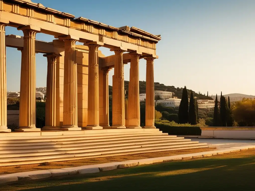 Ágoras en Grecia: Imagen impresionante del antiguo Ágora de Atenas, bañado en cálida luz dorada