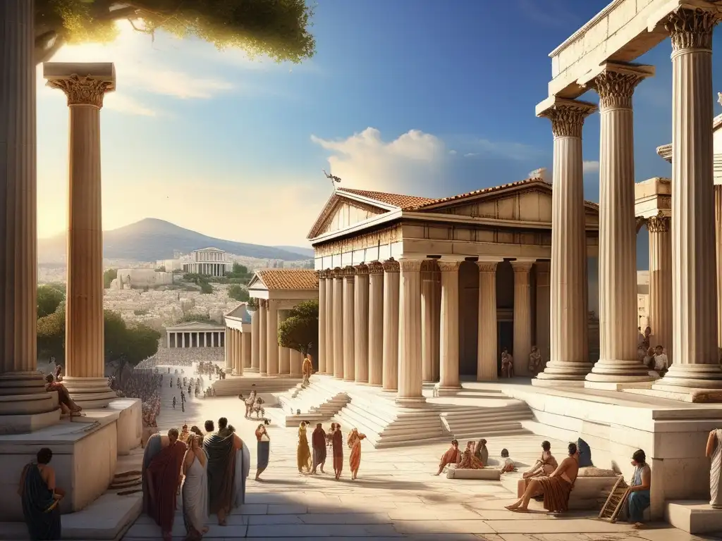 Contrastes sociales en polis griegas - Escena vibrante y realista en la antigua Grecia, destacando la diversidad social y las actividades en la polis