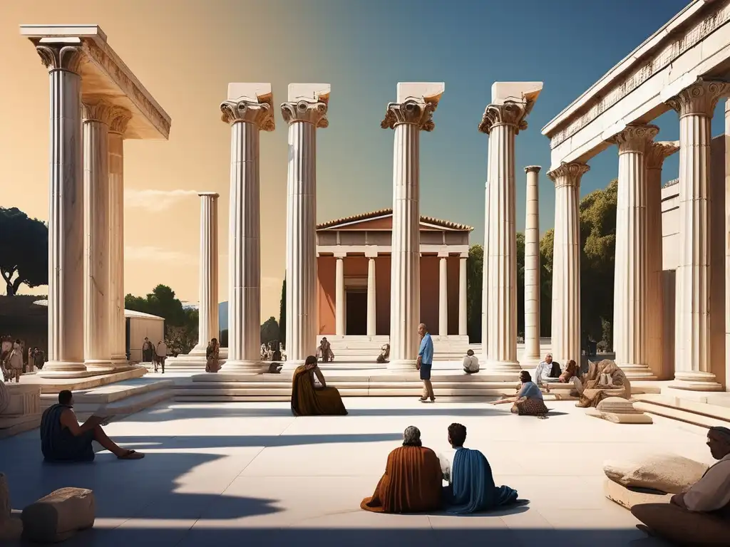 Importancia ágoras Grecia: escena antigua, columnas mármol, debates, arquitectura detallada