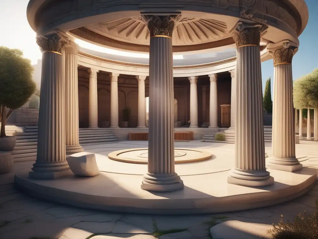 Importancia ágoras Grecia: Plaza antigua debate ciudadanos, estatuas dioses, arquitectura clásica elegante
