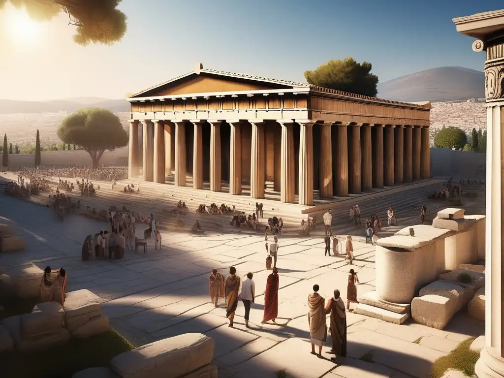 Agora griega: ciudadanos debatiendo Origen de la democracia en Grecia: Agora griega llena de ciudadanos debatiendo, rodeada de columnas y el Parthenon al fondo