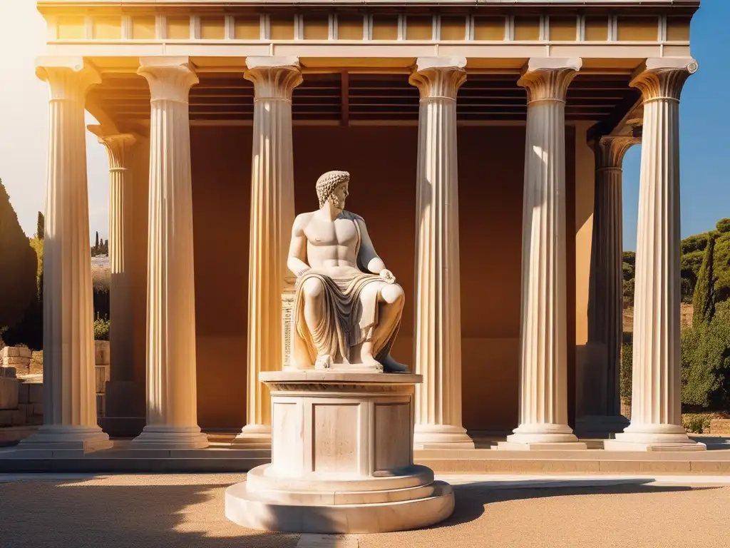 Impresionante arquitectura Ágoras Grecia: vista dorada de la majestuosa Ágora griega, con columnas, estatuas y una estatua de filósofo en primer plano