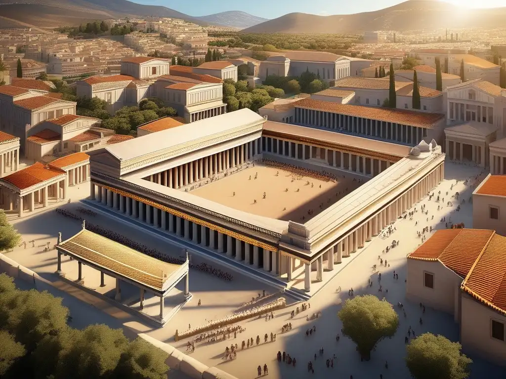 Agora griega con ciudadanos debatiendo y votando: Distribución de poder en la Polis griega