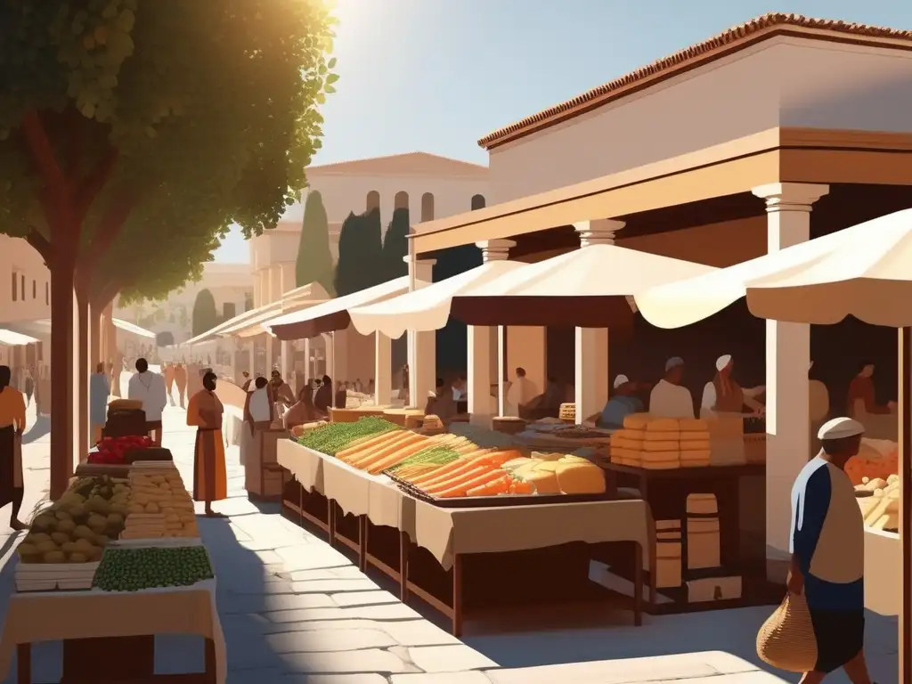 Vida cotidiana en la Antigua Grecia: Plaza griega con actividad diversa y arquitectura característica