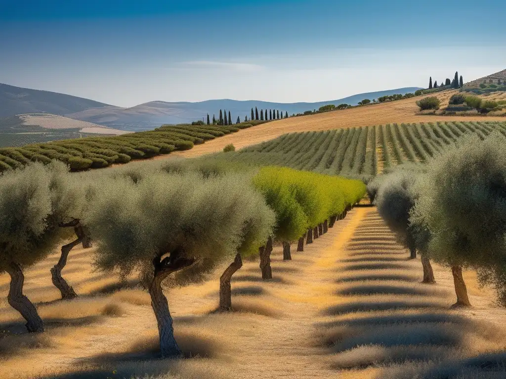 Herramientas agrícolas griegas para agricultura sostenible en paisaje sereno de olivares y granjas