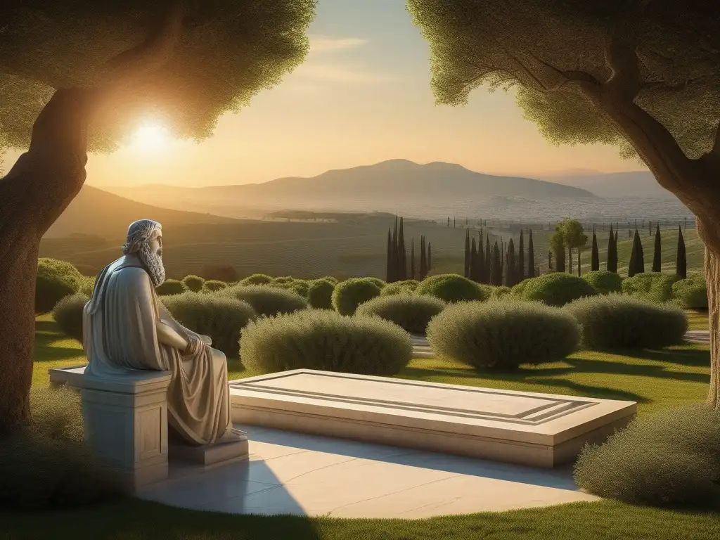 Influencia filosofía antigua Grecia: Socrates y Plato conversando en un hermoso paisaje griego al amanecer