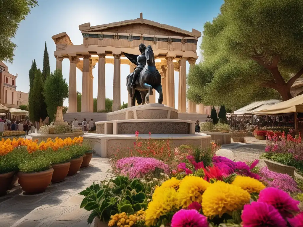 Influencia de Alejandro Magno en la historia: estatua de mármol de Alexander el Grande en un jardín exuberante, mercado bullicioso y arquitectura griega