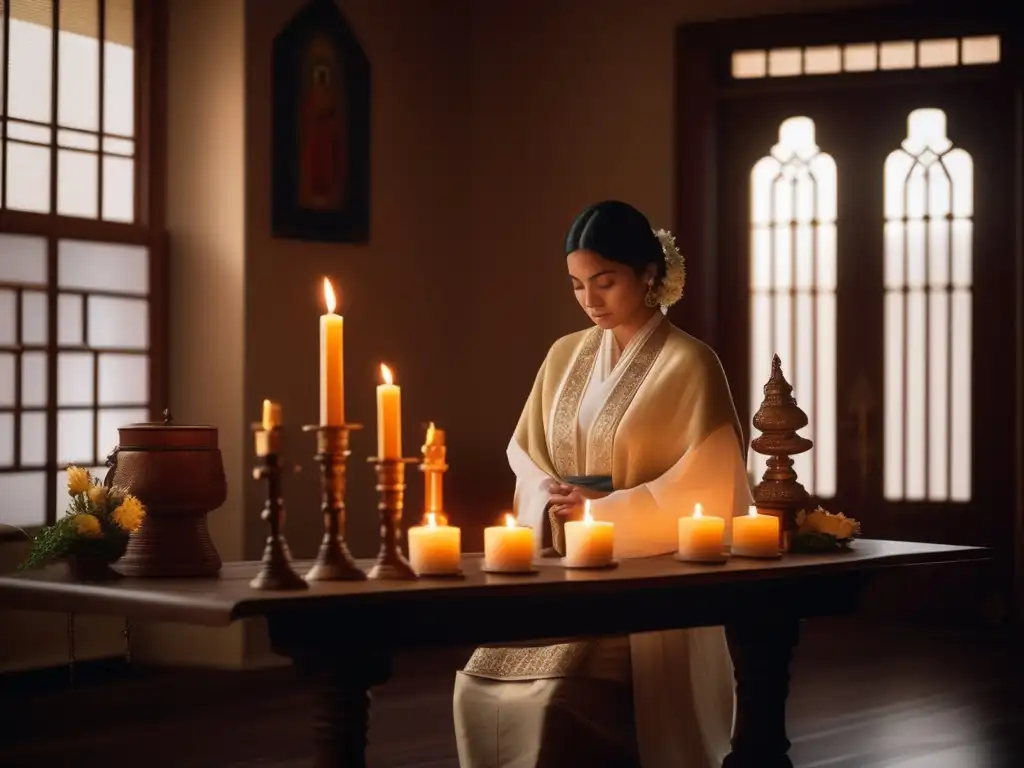 Mujer en religión doméstica: altar decorado, devoción serena, importancia femenina