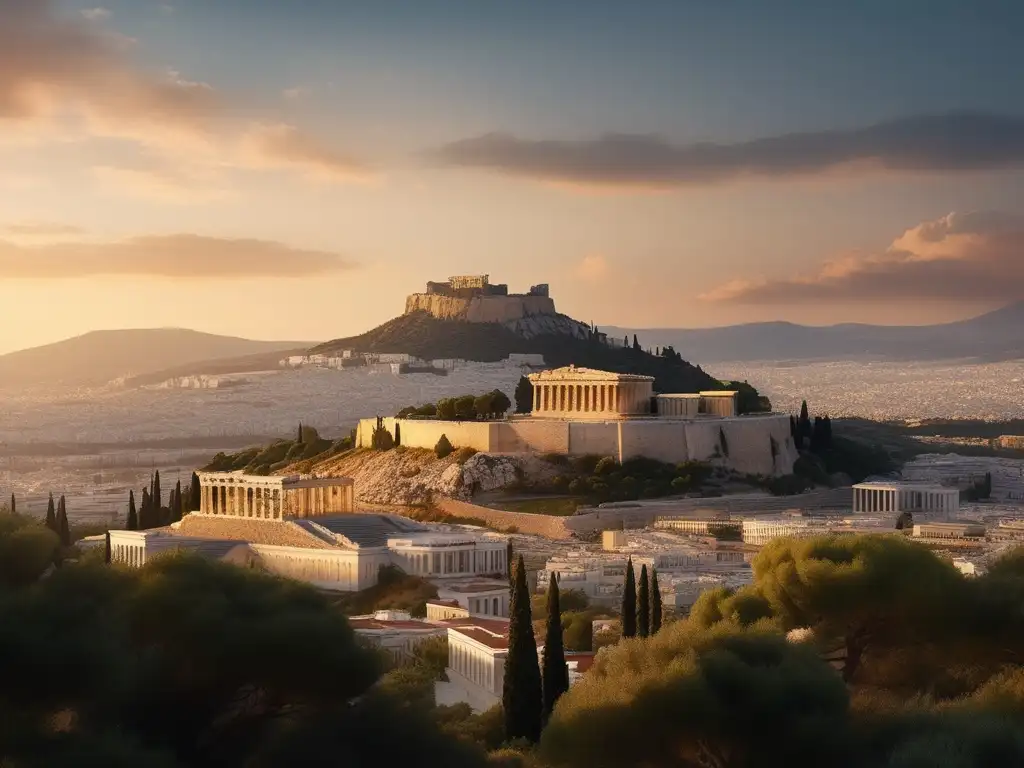 Pericles liderazgo en crisis: imagen histórica de Atenas con la Acropolis al fondo, evocando determinación y resiliencia