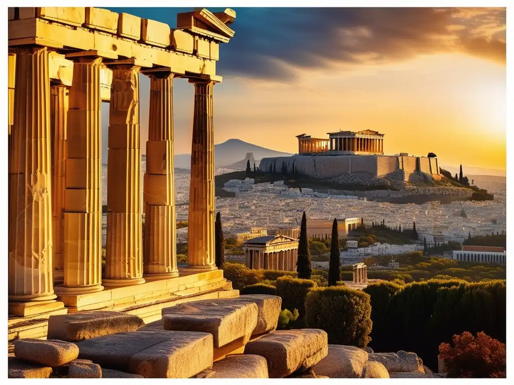 Atardecer dorado en Atenas con estatuas de Dracón y Solón, legisladores de la Antigua Grecia