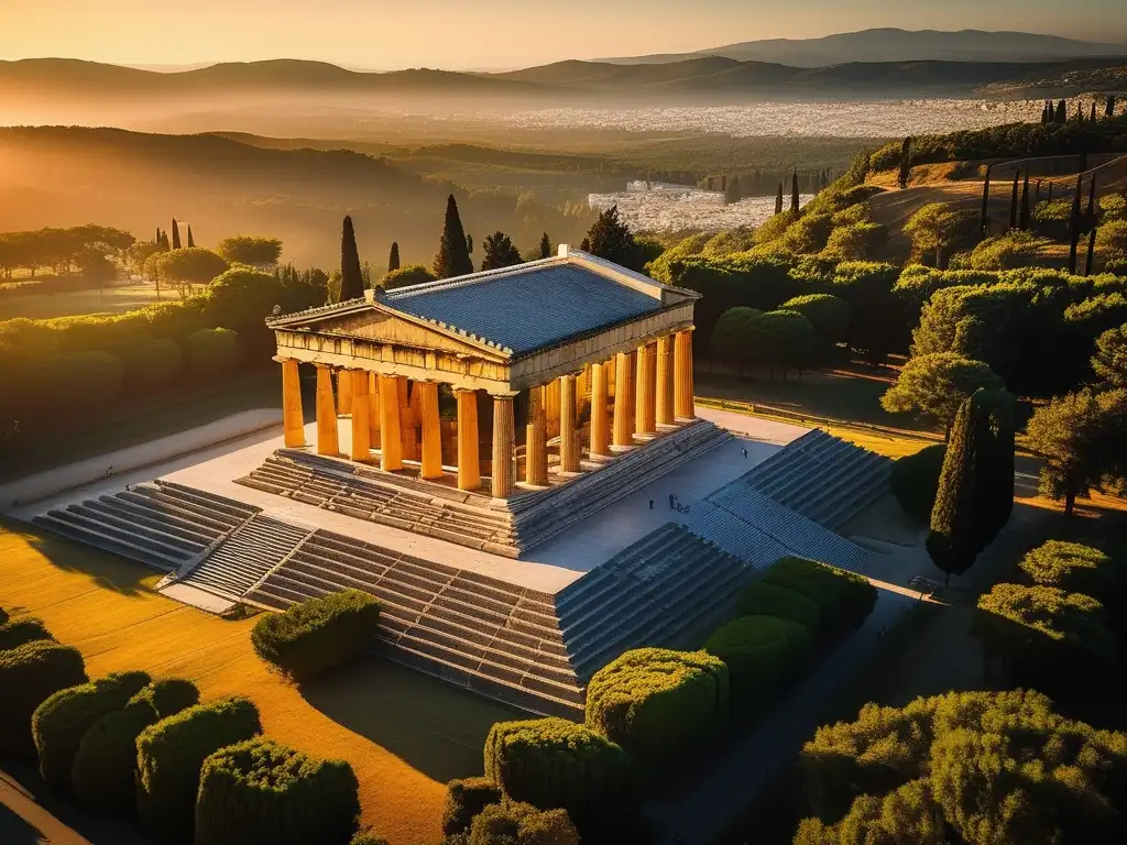 Vista aérea dorada de la antigua ciudad de Olympia, resaltando el templo de Zeus y la importancia histórica de los Juegos Olímpicos en Grecia