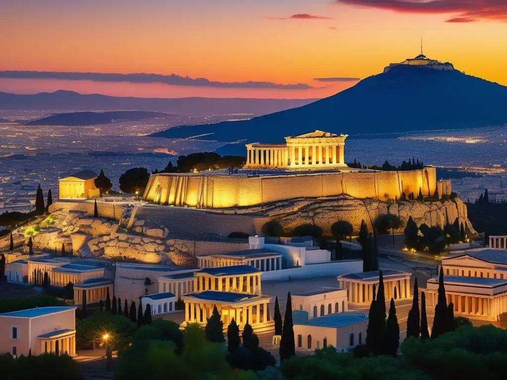 Impresionante vista de Atenas al atardecer, con el Parthenon y la influencia de la Guerra del Peloponeso