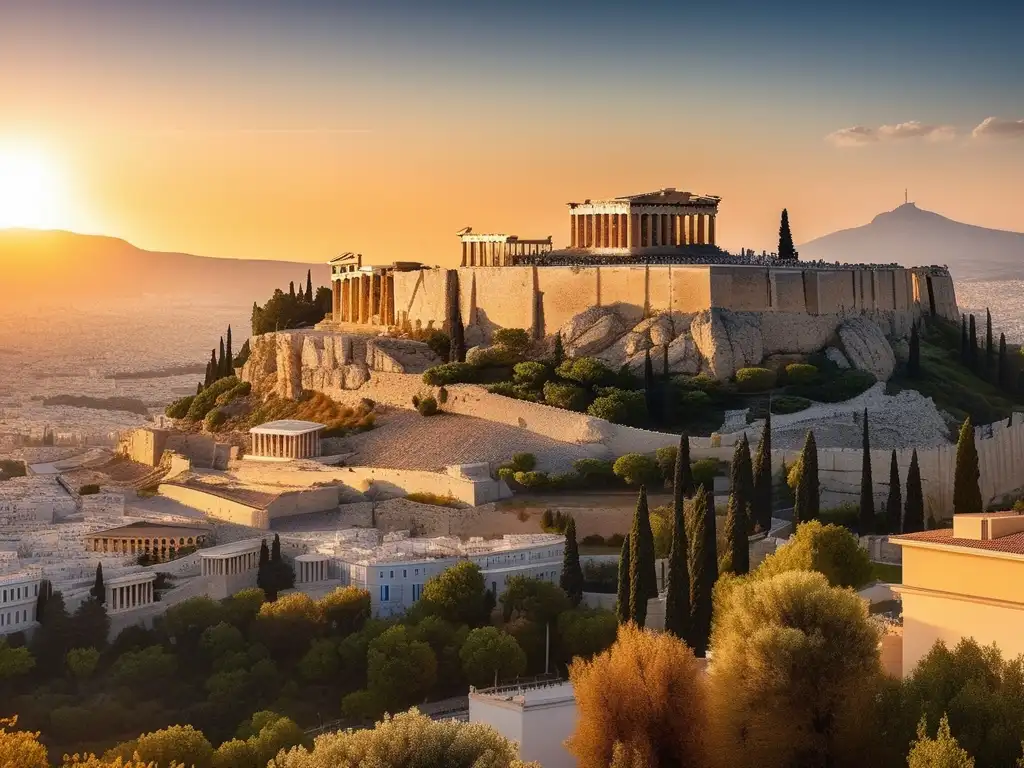 Vista panorámica de la Acrópolis en Atenas, Grecia, durante la época dorada de la antigua Grecia