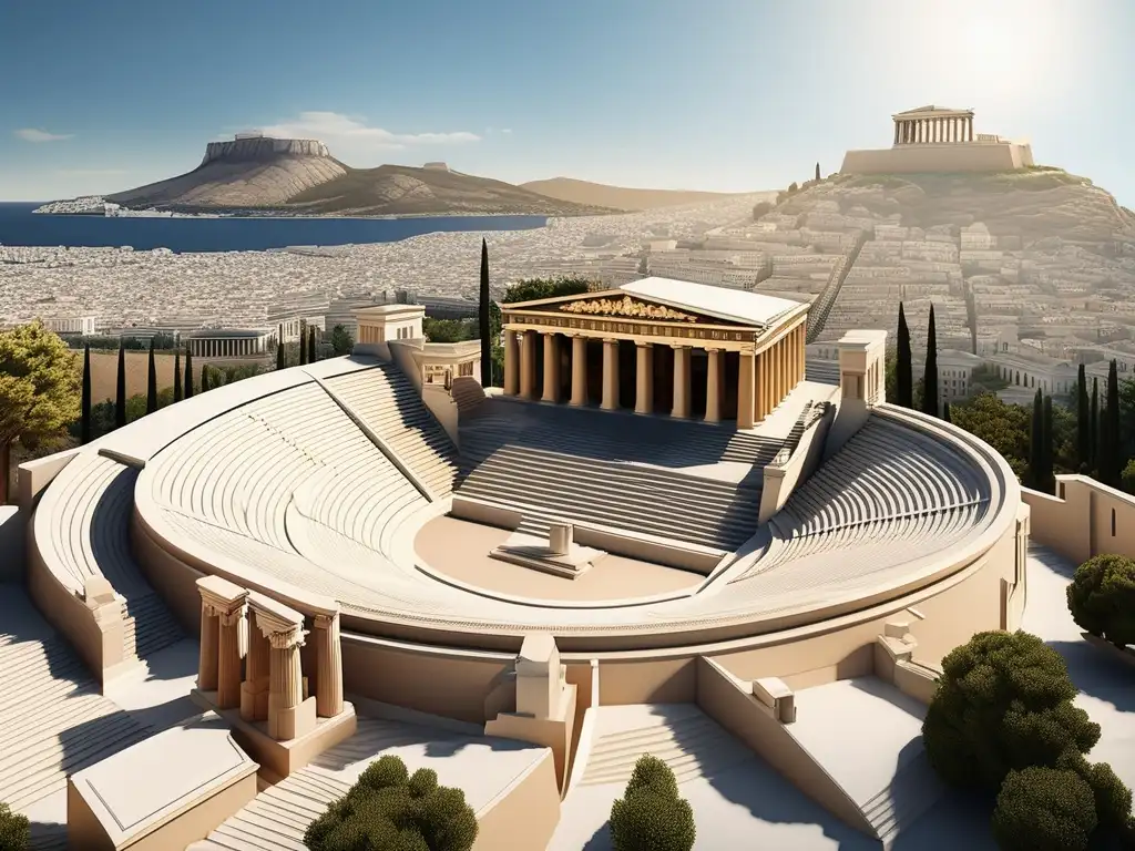 Panorama de la antigua Atenas, con Acropolis, Parthenon y estrategias de poder en la Antigua Grecia